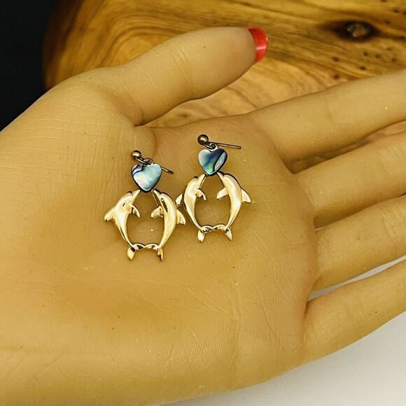 Vintage Weekenders Paua Shell Kissing Dolphins Heart Dangle Earrings Gold 1445 - Picture 4 of 10